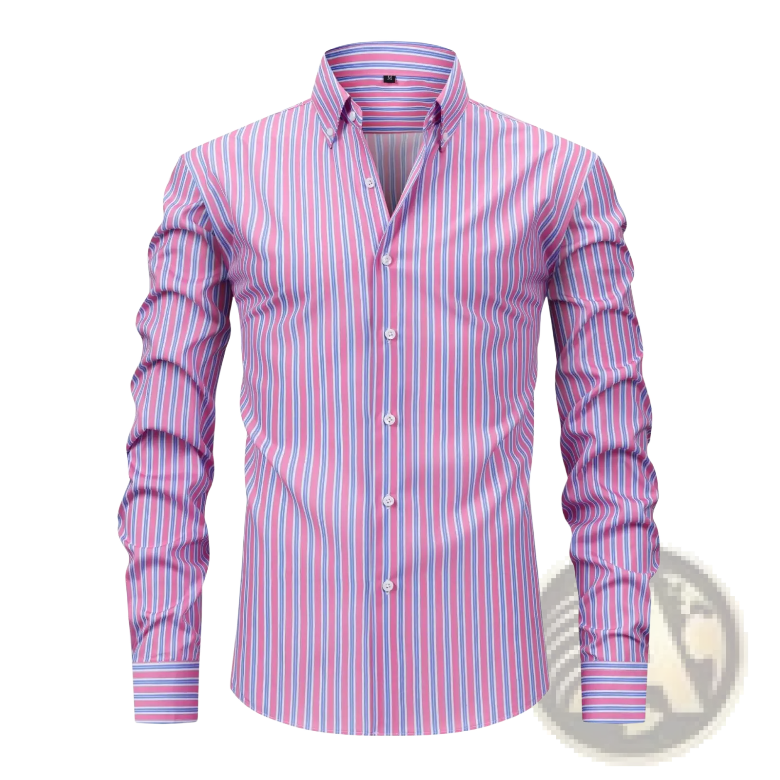 A men’s striped long sleeve button down shirt with vertical pink and light blue stripes and a classic collar