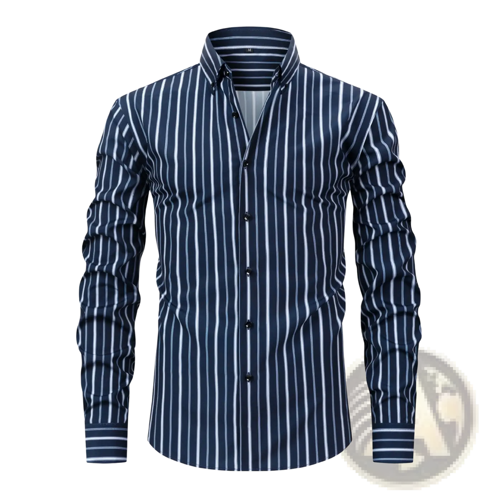 Navy blue and white vertically striped men’s long-sleeved button down shirt with a classic collar