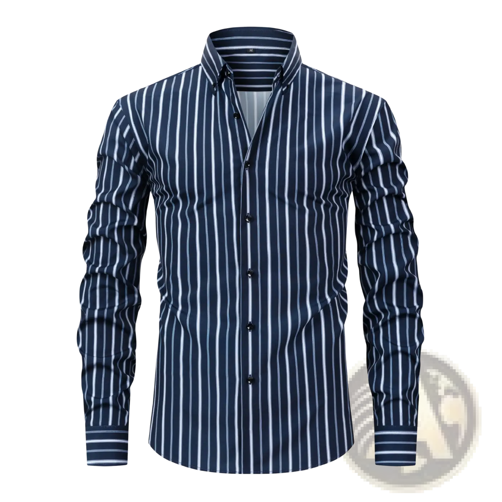 Navy blue and white vertically striped men’s long-sleeved button down shirt with a classic collar