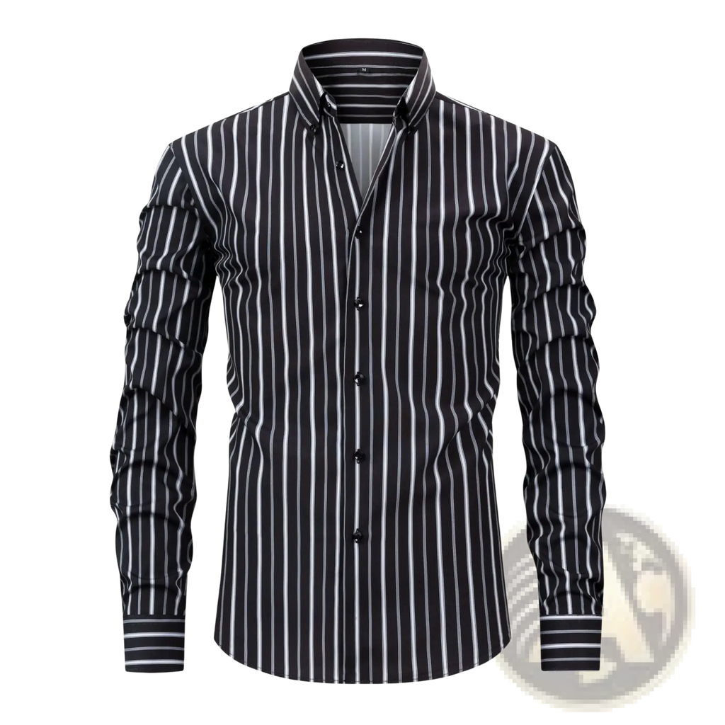 A sleek black and white vertically striped men’s long sleeve button down shirt with a classic collar