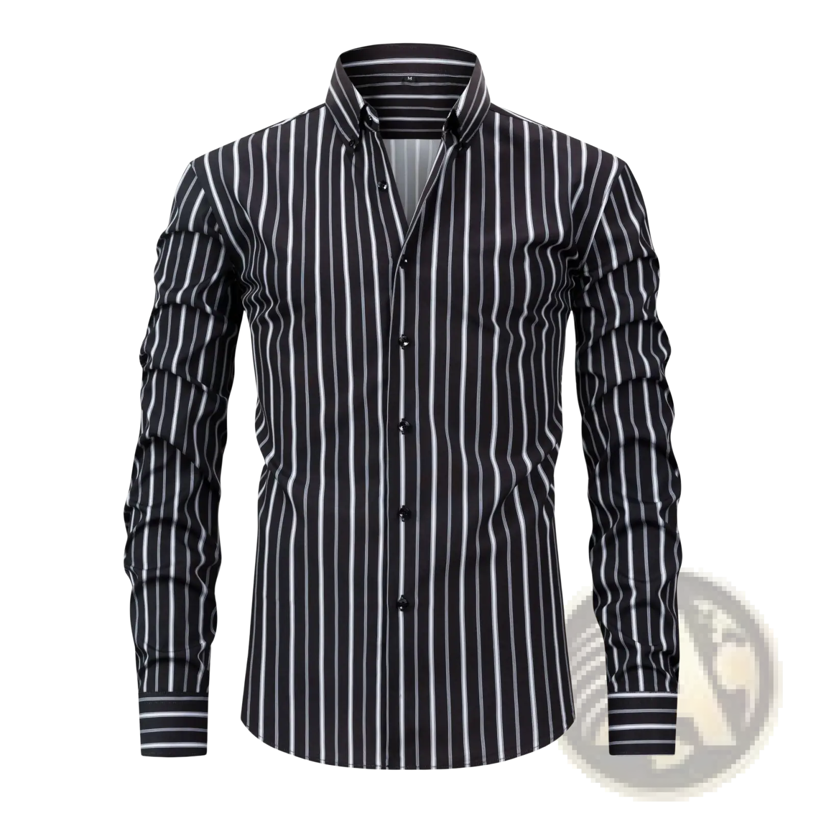 A sleek black and white vertically striped men’s long sleeve button down shirt with a classic collar