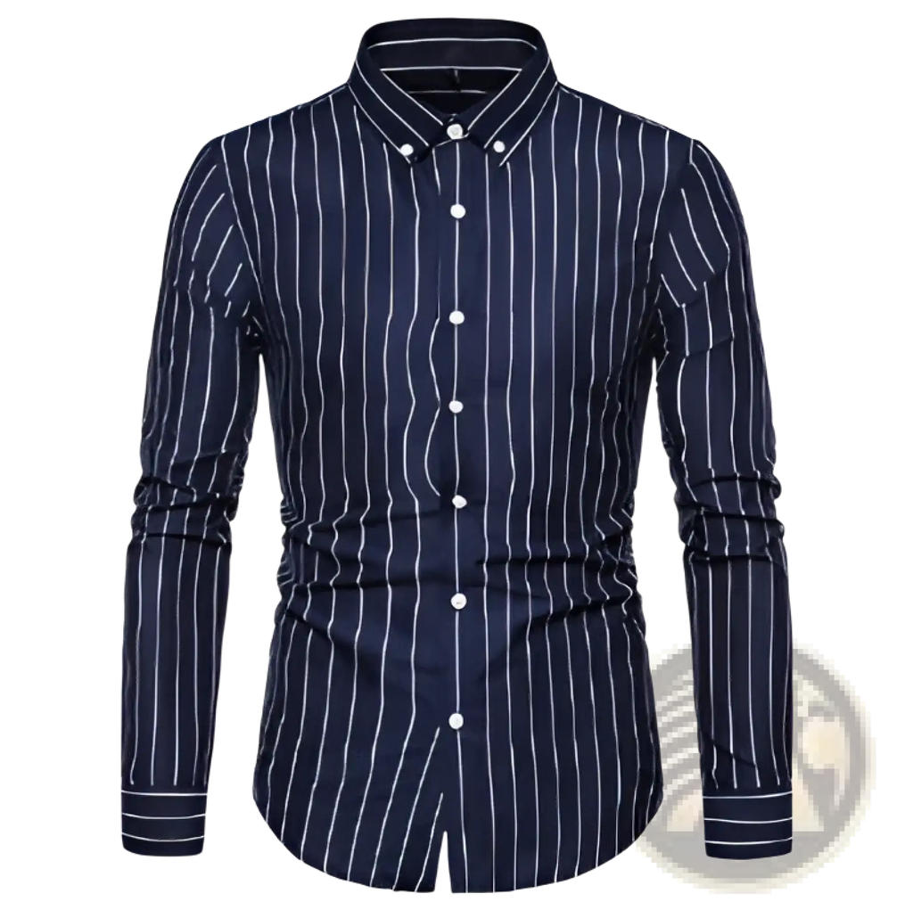 Striped long sleeve button down shirt in navy blue with thin white vertical stripes and a classic collar