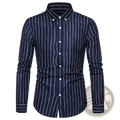 Striped long sleeve button down shirt in navy blue with thin white vertical stripes and a classic collar