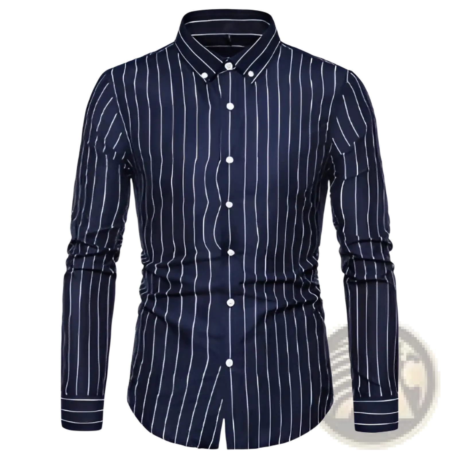 Striped long sleeve button down shirt in navy blue with thin white vertical stripes and a classic collar