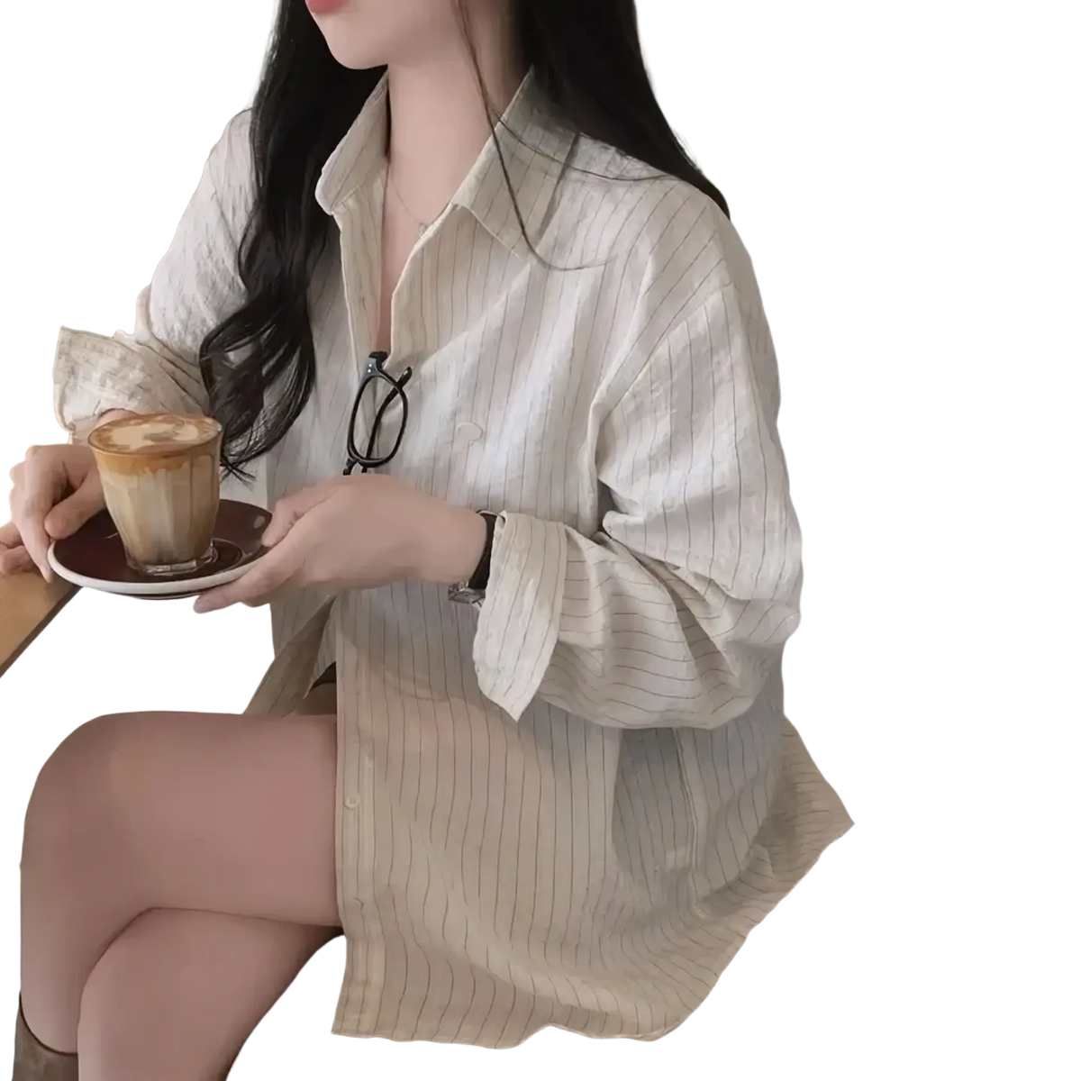 A versatile style striped long sleeve button down shirt in off-white with thin vertical stripes and standard thickness fabric