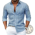 Striped long sleeve button down shirt in blue and white woven pattern with rolled sleeves for men