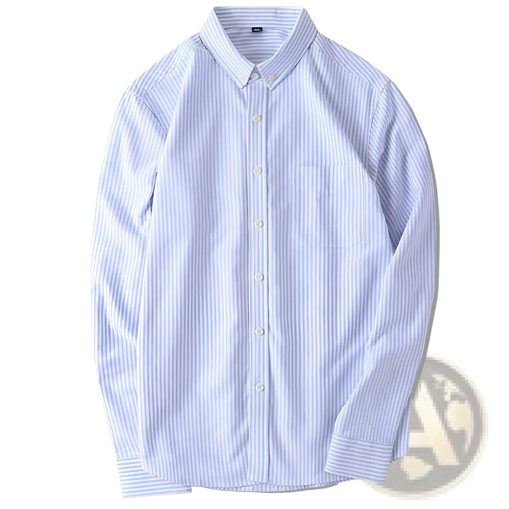 Striped long sleeve button up shirt men in crisp light blue and white vertical stripes with subtle texture