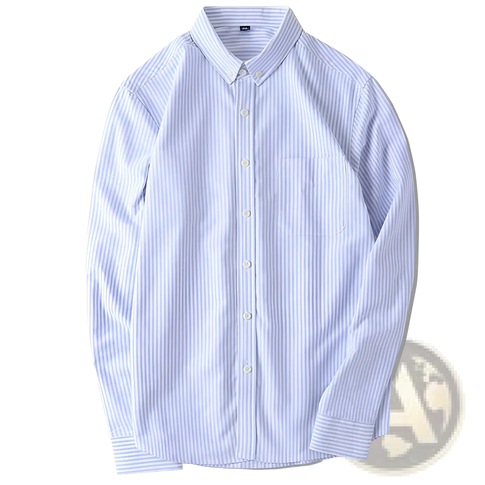 Striped long sleeve button up shirt men in crisp light blue and white vertical stripes with subtle texture