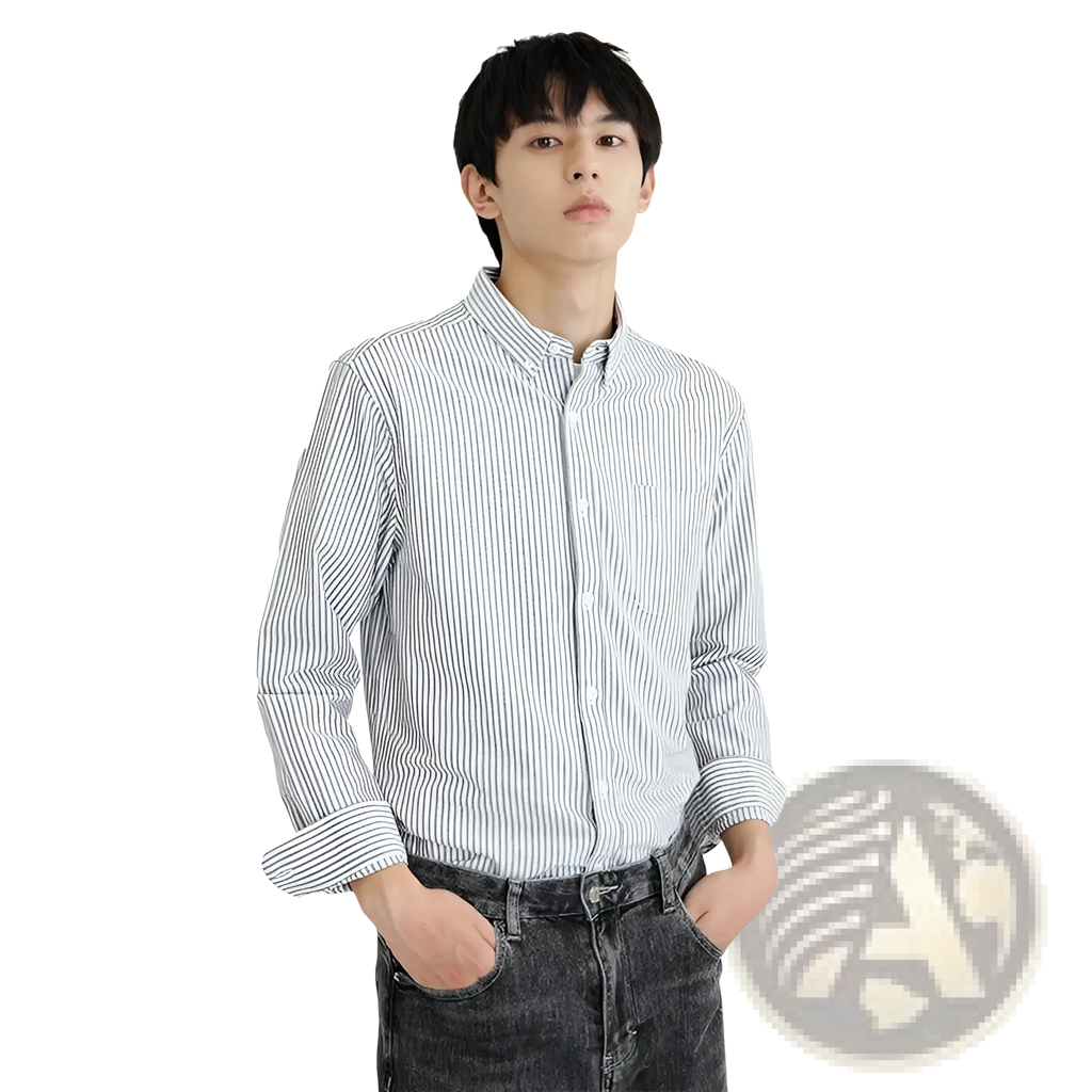 Striped long sleeve button up shirt for men in light blue and white vertical stripes with a collar and buttons