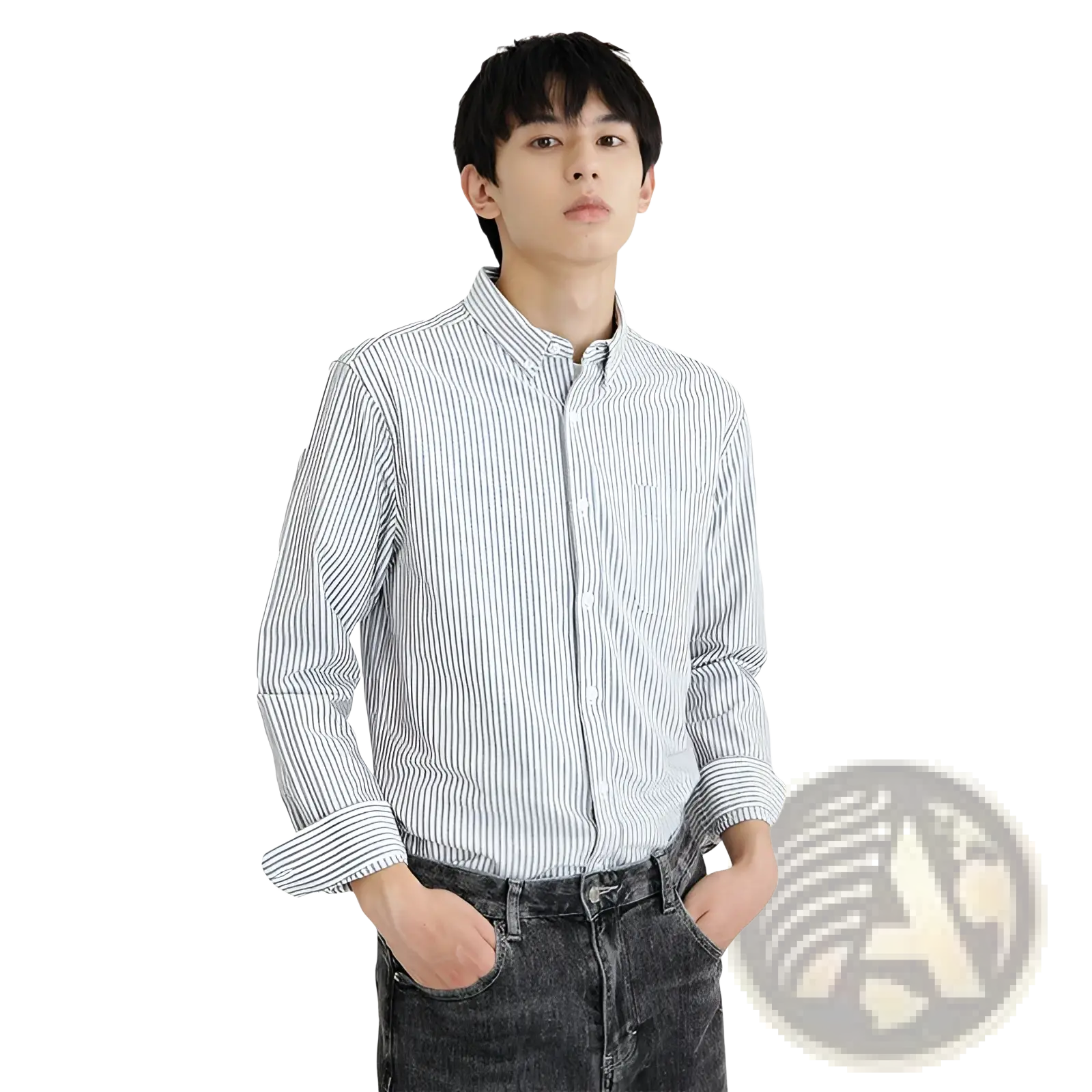 Striped long sleeve button up shirt for men in light blue and white vertical stripes with a collar and buttons