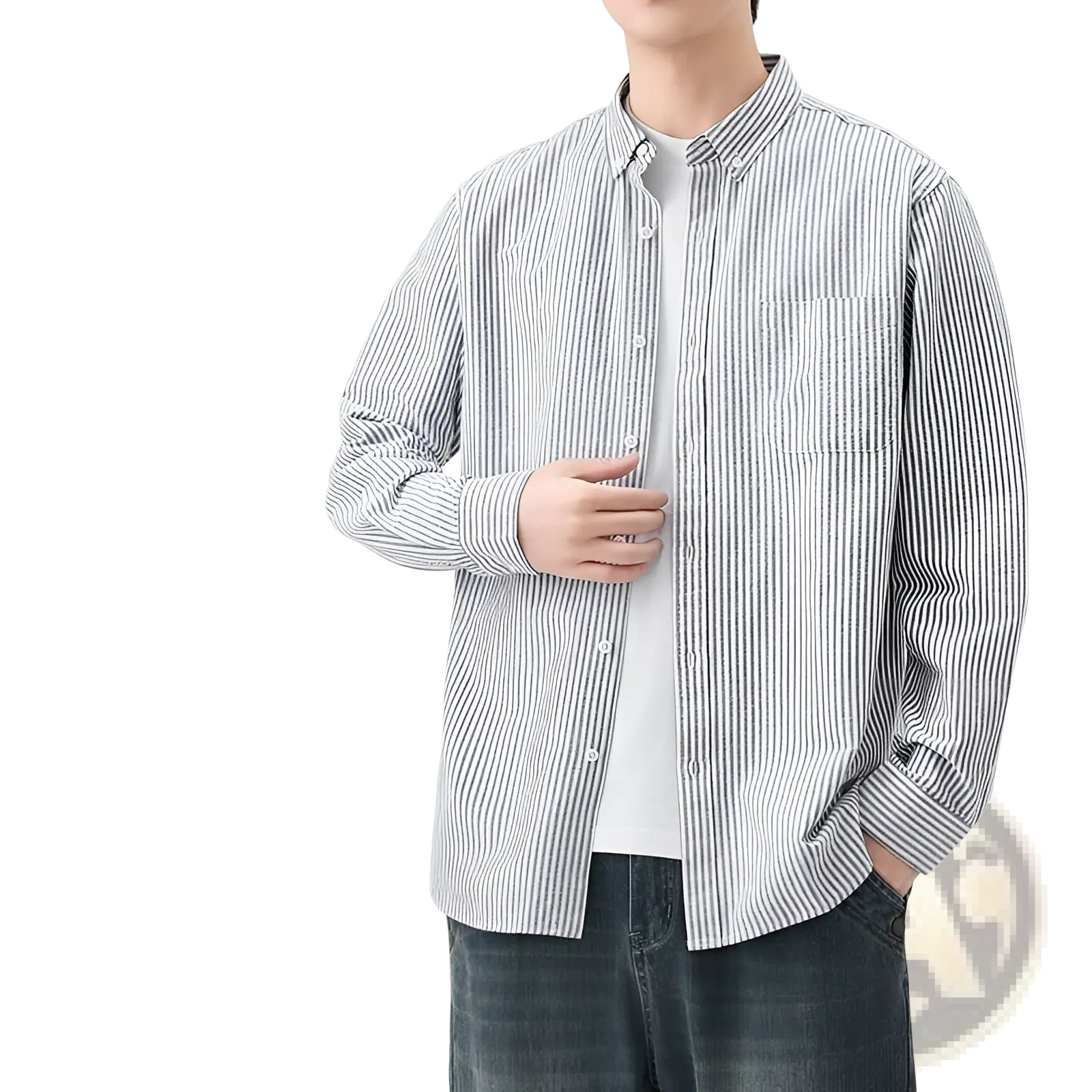 Striped long sleeve button up shirt men with gray and white vertical stripes on brushed yarn dyed fabric