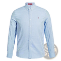 Striped long sleeve casual shirt in light blue and white vertical stripes with a small red logo on the left chest