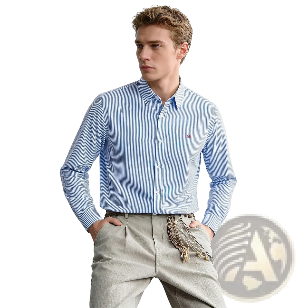 A light blue and white vertically striped long sleeve casual shirt with a small red logo on the left chest