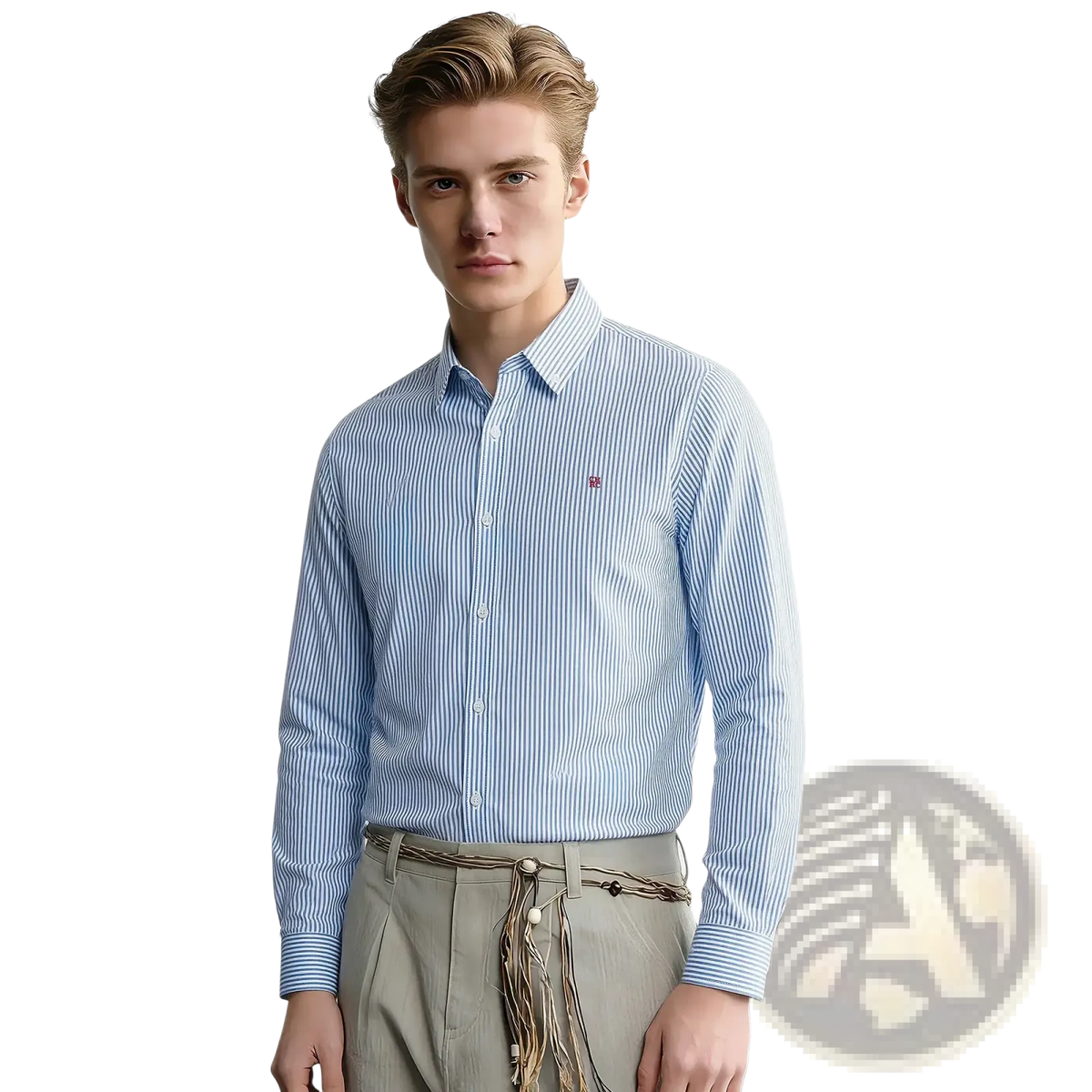 Striped long sleeve casual shirt with light blue and white vertical stripes and a subtle red logo on the left chest