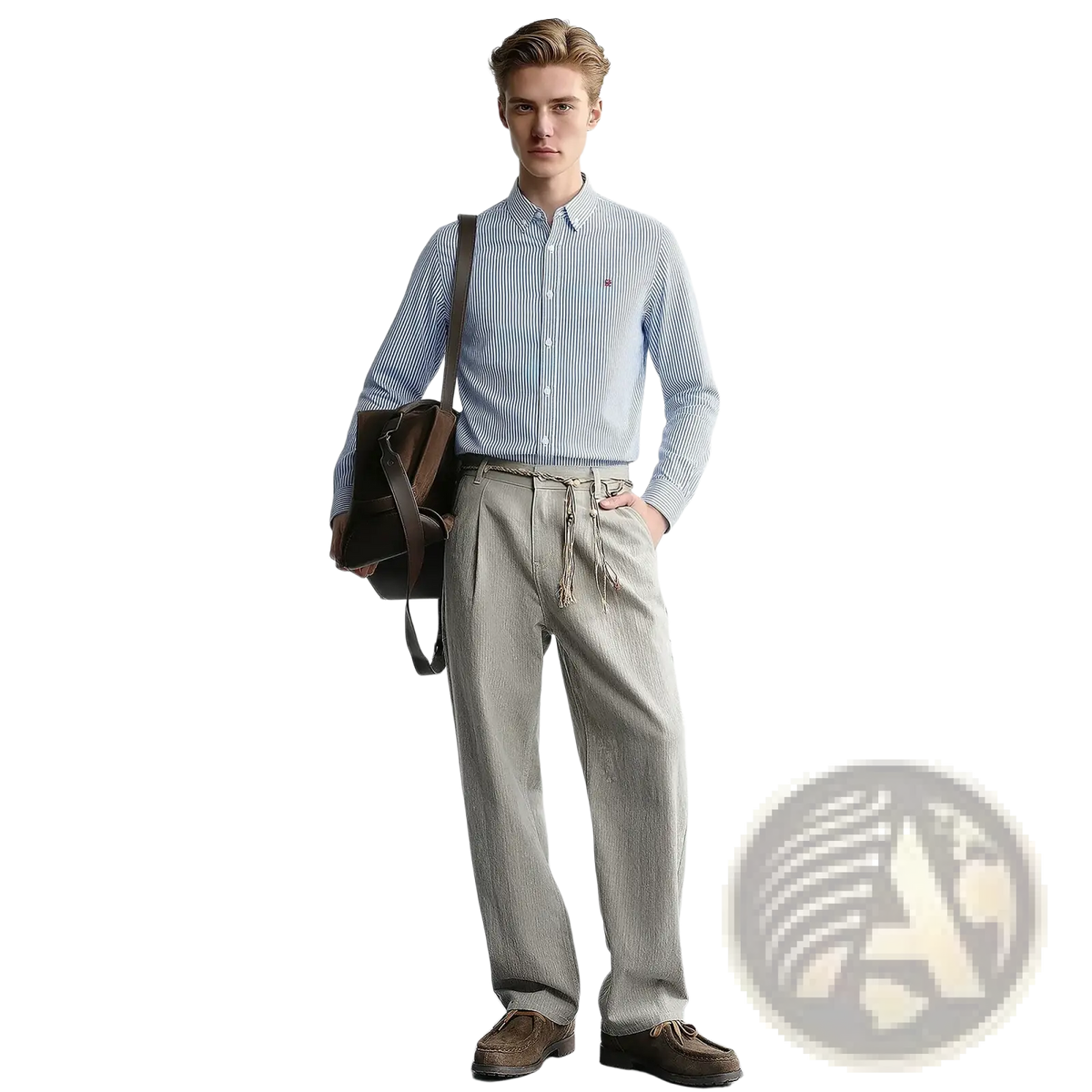 A man wearing a striped long sleeve casual shirt in light blue and white with beige vertical-striped drawstring trousers