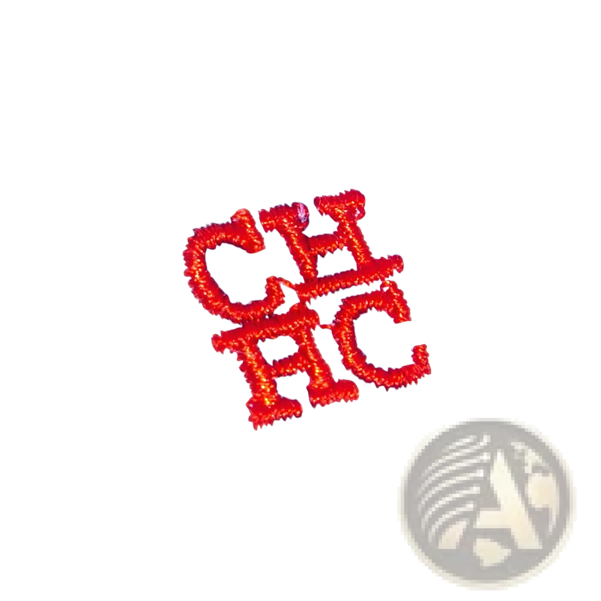 Striped long sleeve casual shirt with a red embroidered chfc logo on blue and white striped fabric