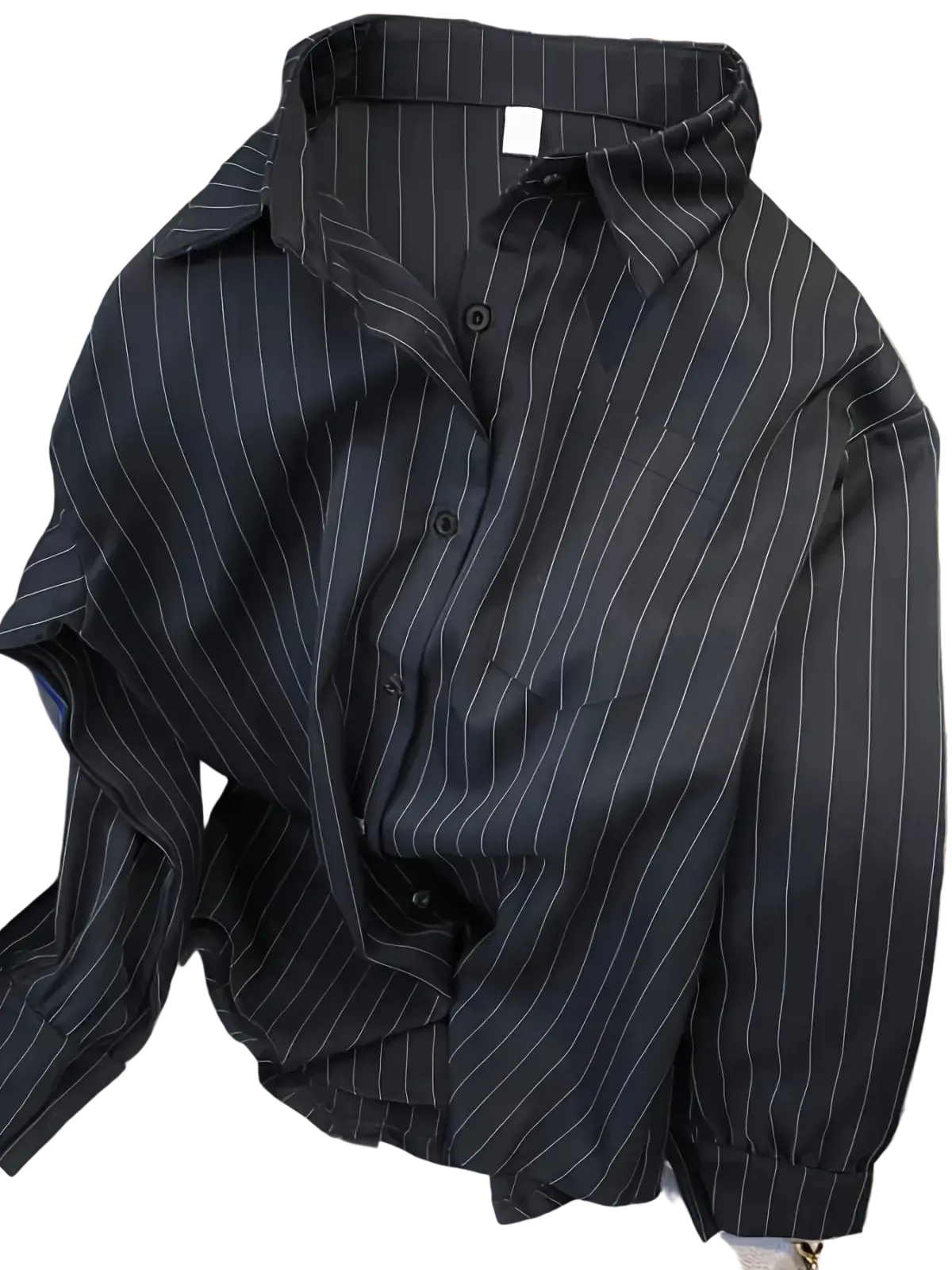 Black pinstripe long sleeve shirt for women with white vertical stripes and classic collar ideal for spring design sense