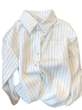 A crisp white striped long sleeve shirt for women with thin black vertical stripes and a classic collar spring design sense