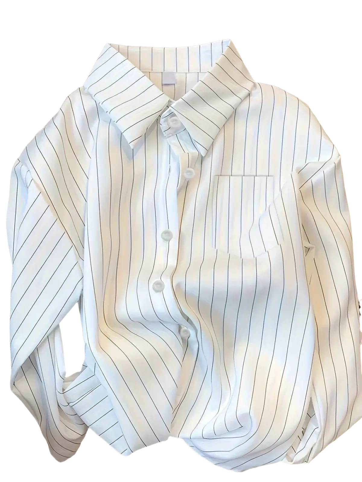 A crisp white striped long sleeve shirt for women with thin black vertical stripes and a classic collar spring design sense