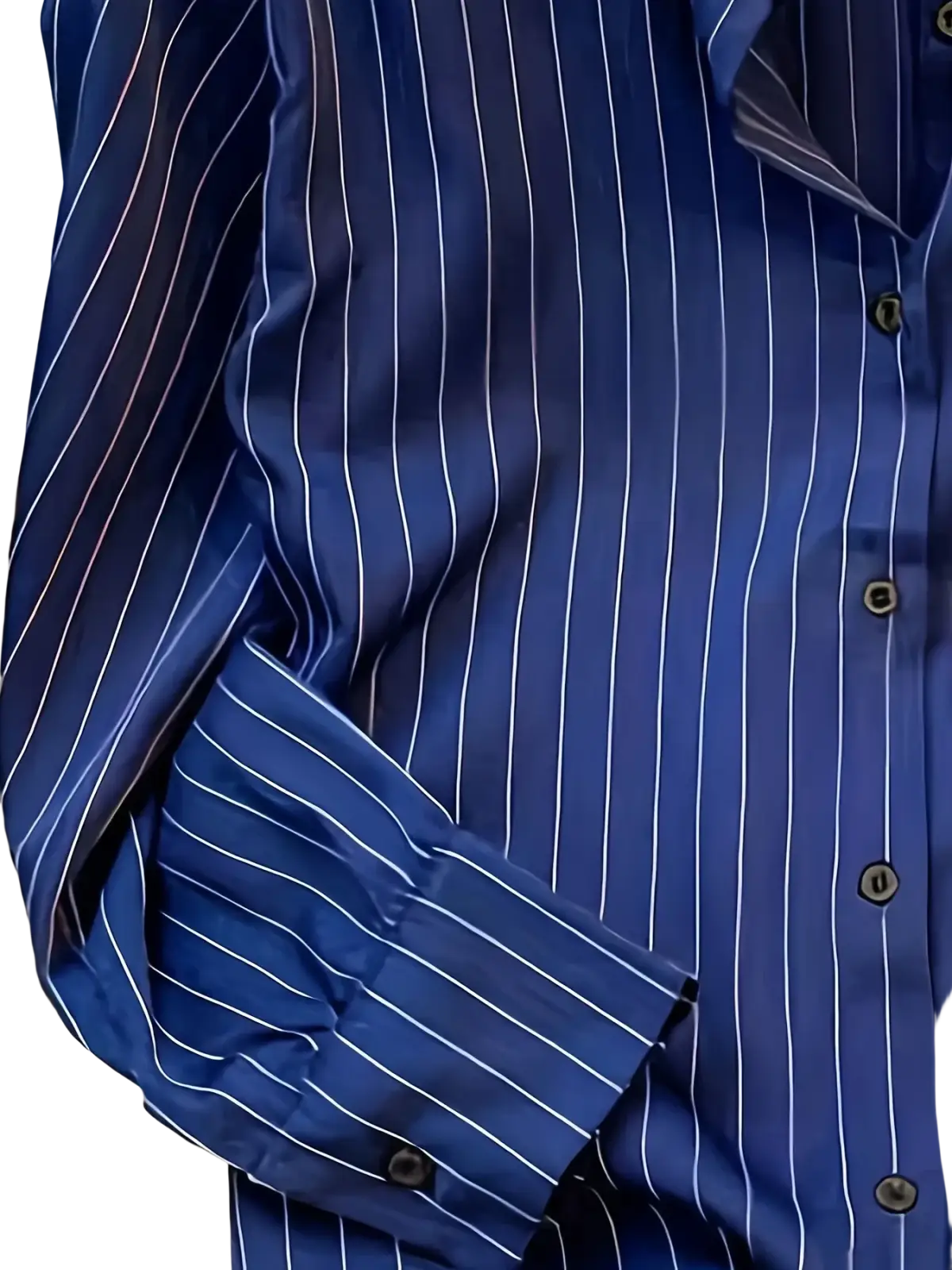 Navy blue striped long sleeve shirt for women with thin white pinstripes and black buttons ideal for spring design sense