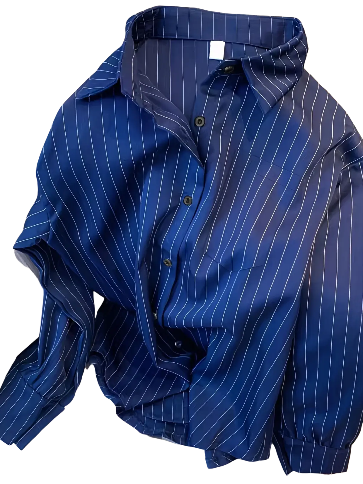 Navy blue striped long sleeve shirt for women with thin white vertical stripes and classic collar spring design sense