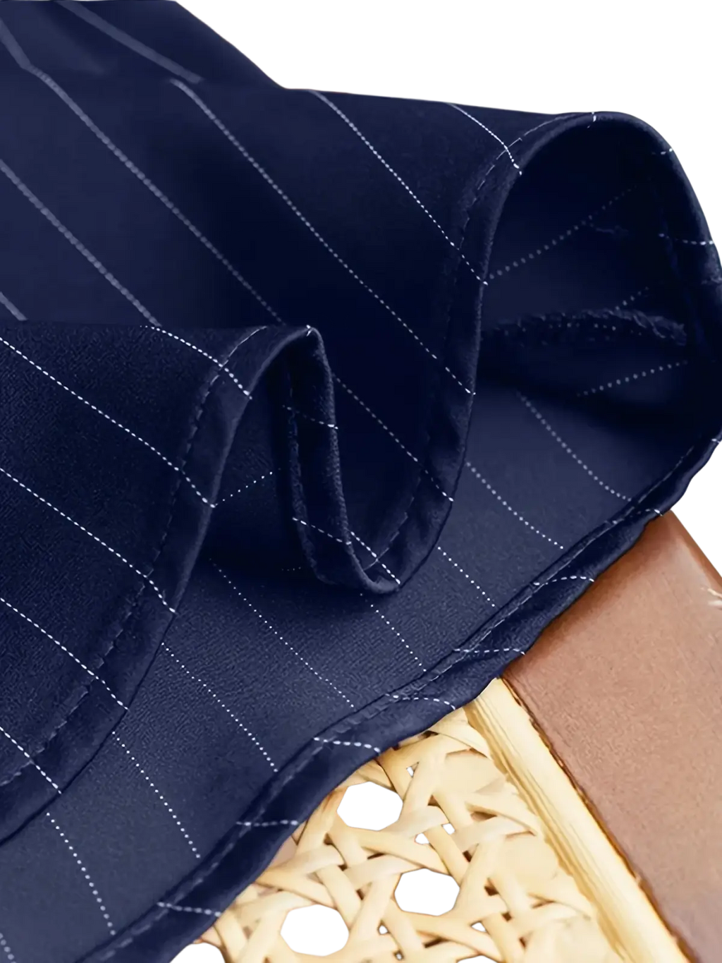 Navy blue striped long sleeve shirt for women with fine white pinstripes and neat double-stitched hems spring design sense