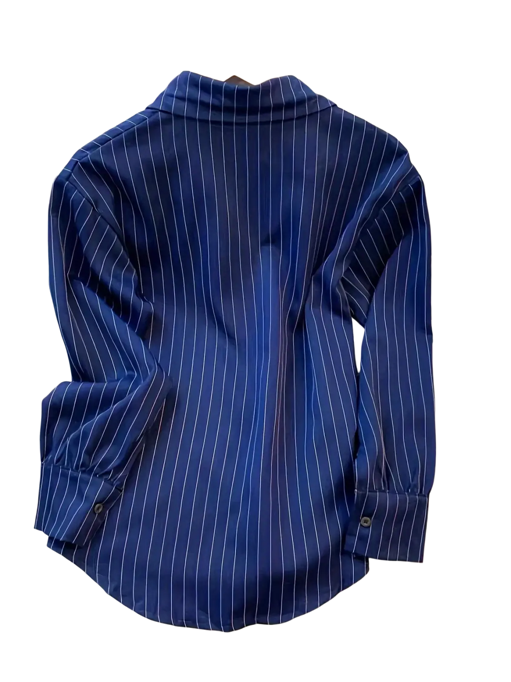 Navy blue striped long sleeve shirt for women with fine white pinstripes on a wooden hanger showcasing spring design sense
