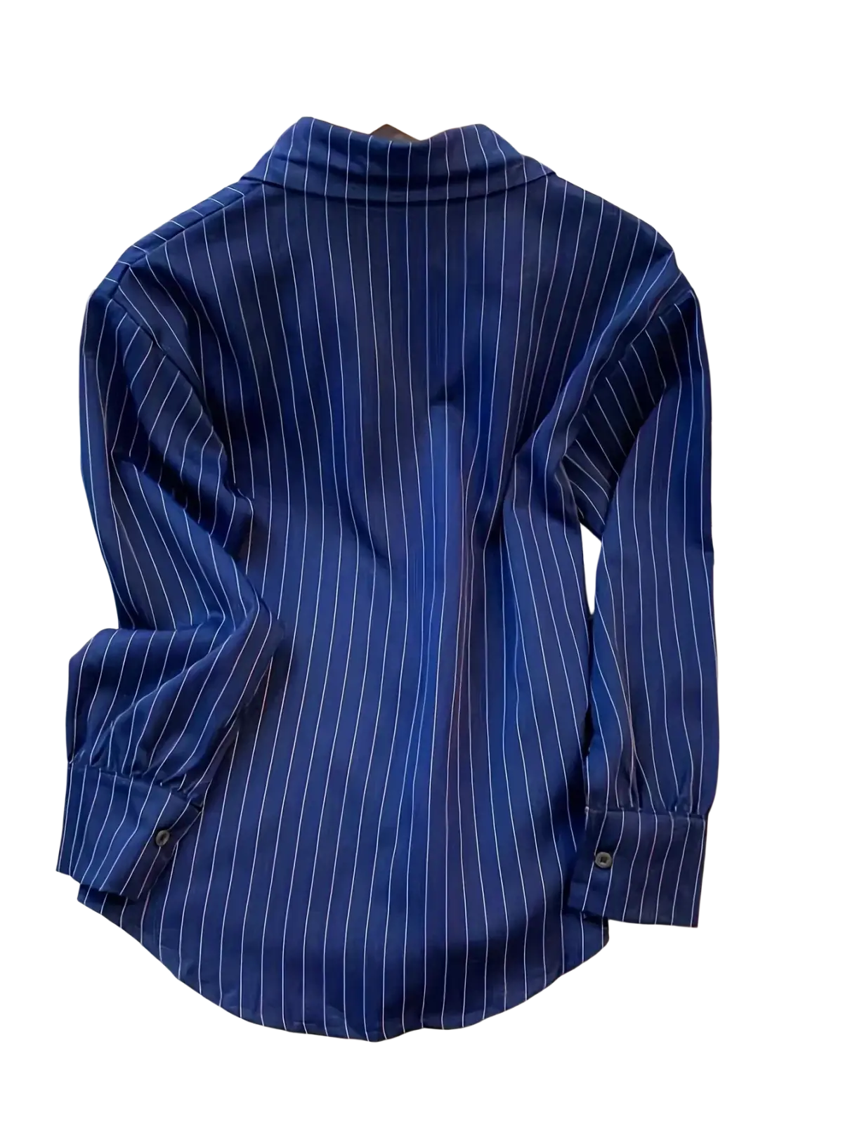 Navy blue striped long sleeve shirt for women with fine white pinstripes on a wooden hanger showcasing spring design sense