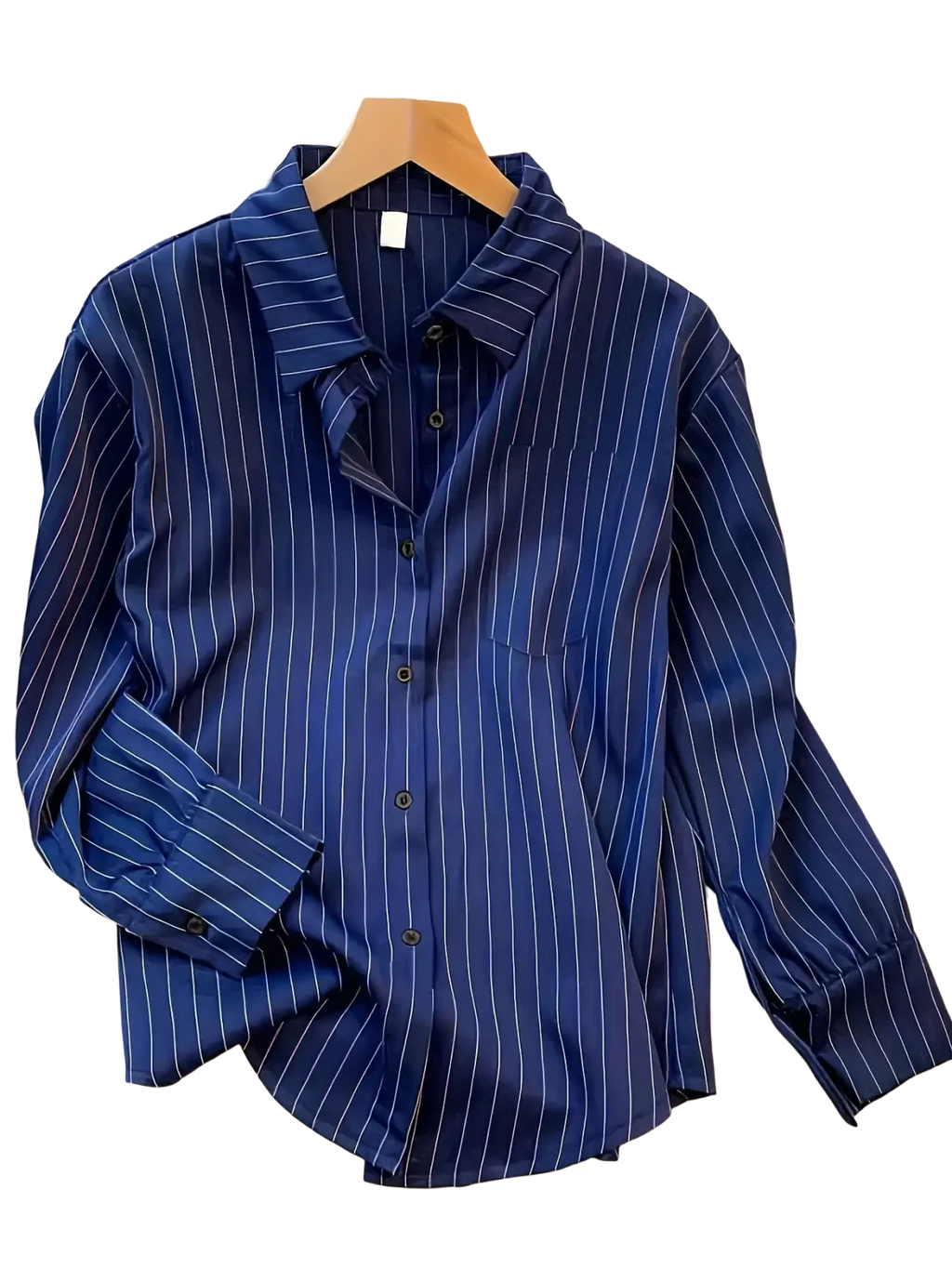Navy blue striped long sleeve shirt for women with thin white vertical stripes classic collar and cuffs spring design sense