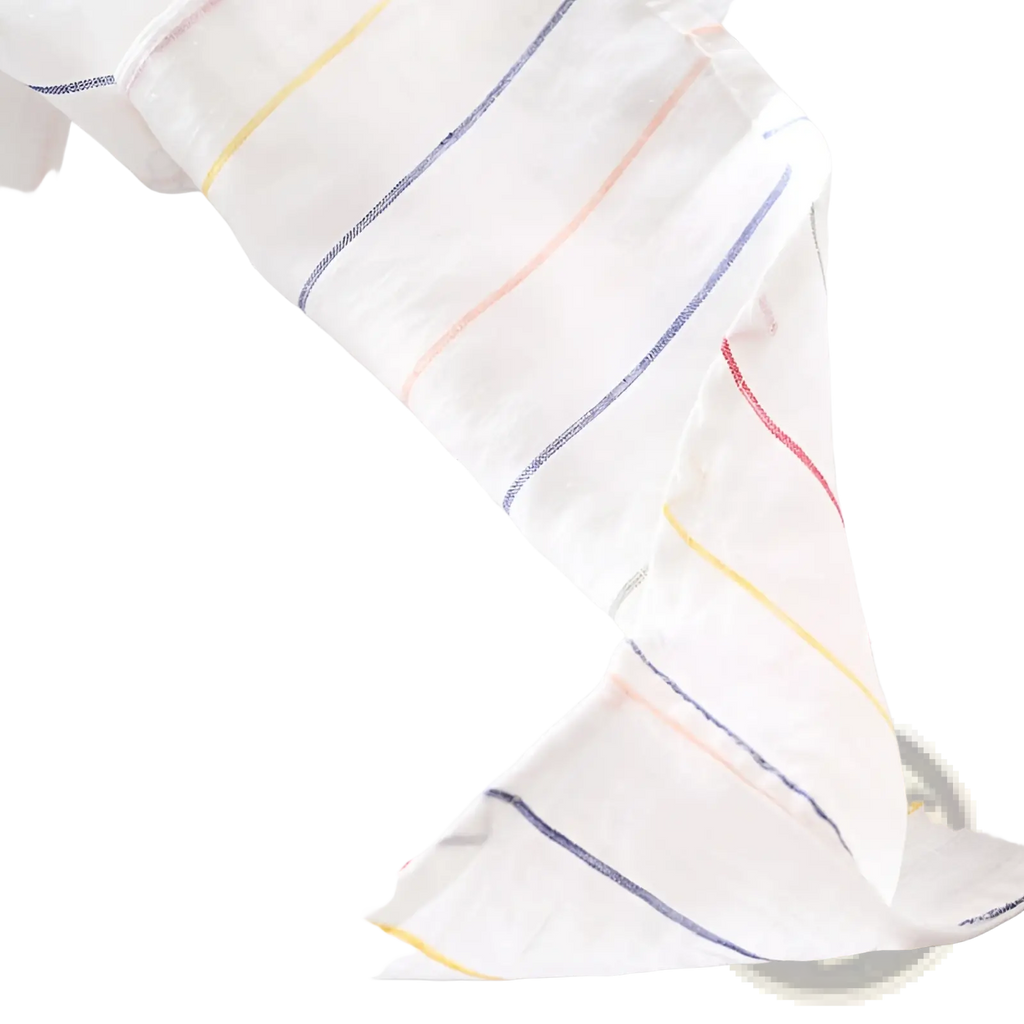 Soft white linen striped men long sleeve shirt with delicate yellow blue pink and green stripes