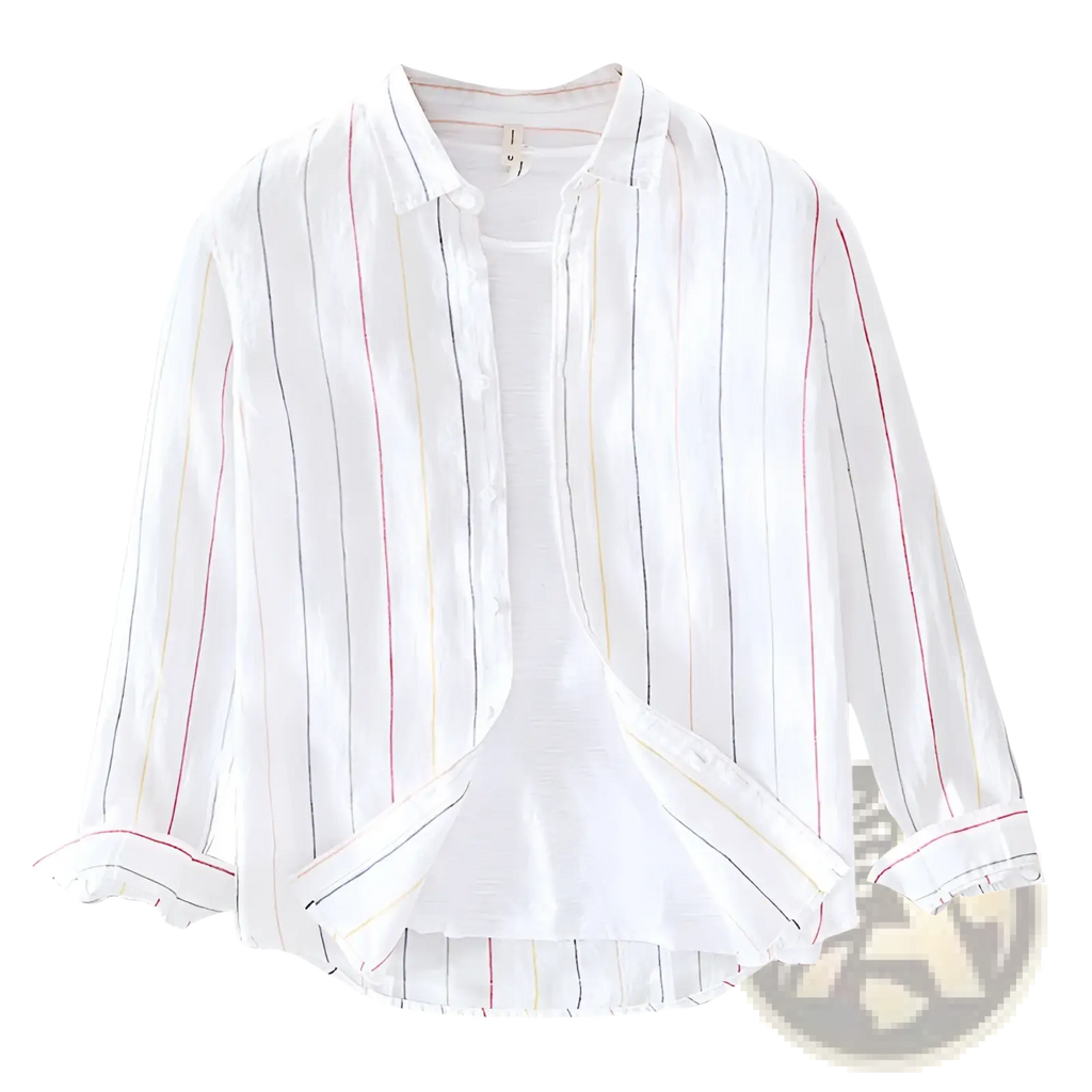 Striped men linen long sleeve shirt in white with soft pink and navy vertical stripes made from lightweight fabric