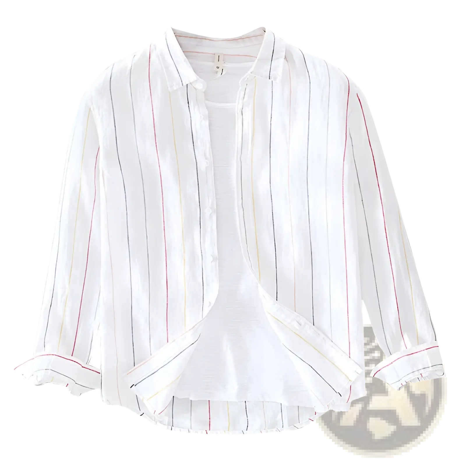 Striped men linen long sleeve shirt in white with soft pink and navy vertical stripes made from lightweight fabric