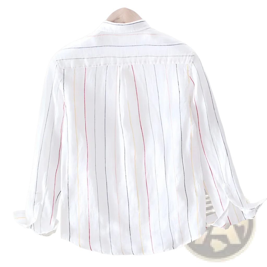 Striped men linen long sleeve shirt in white with thin vertical red yellow and black stripes