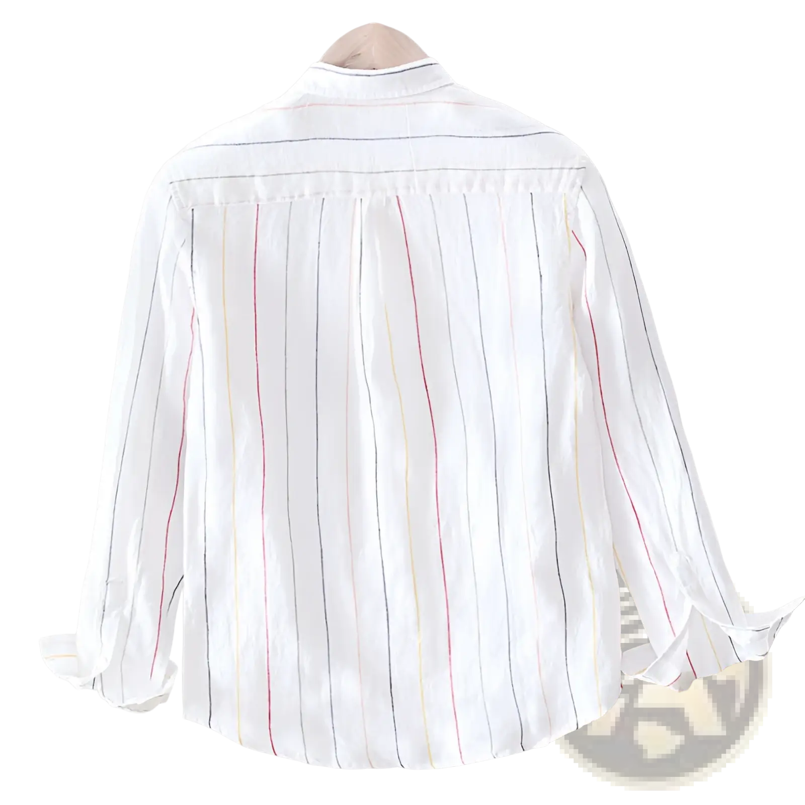 Striped men linen long sleeve shirt in white with thin vertical red yellow and black stripes