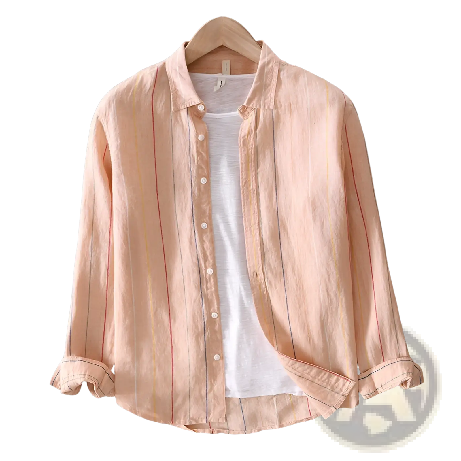 Soft peach-colored striped men linen long sleeve shirt with subtle red and blue vertical stripes in lightweight fabric