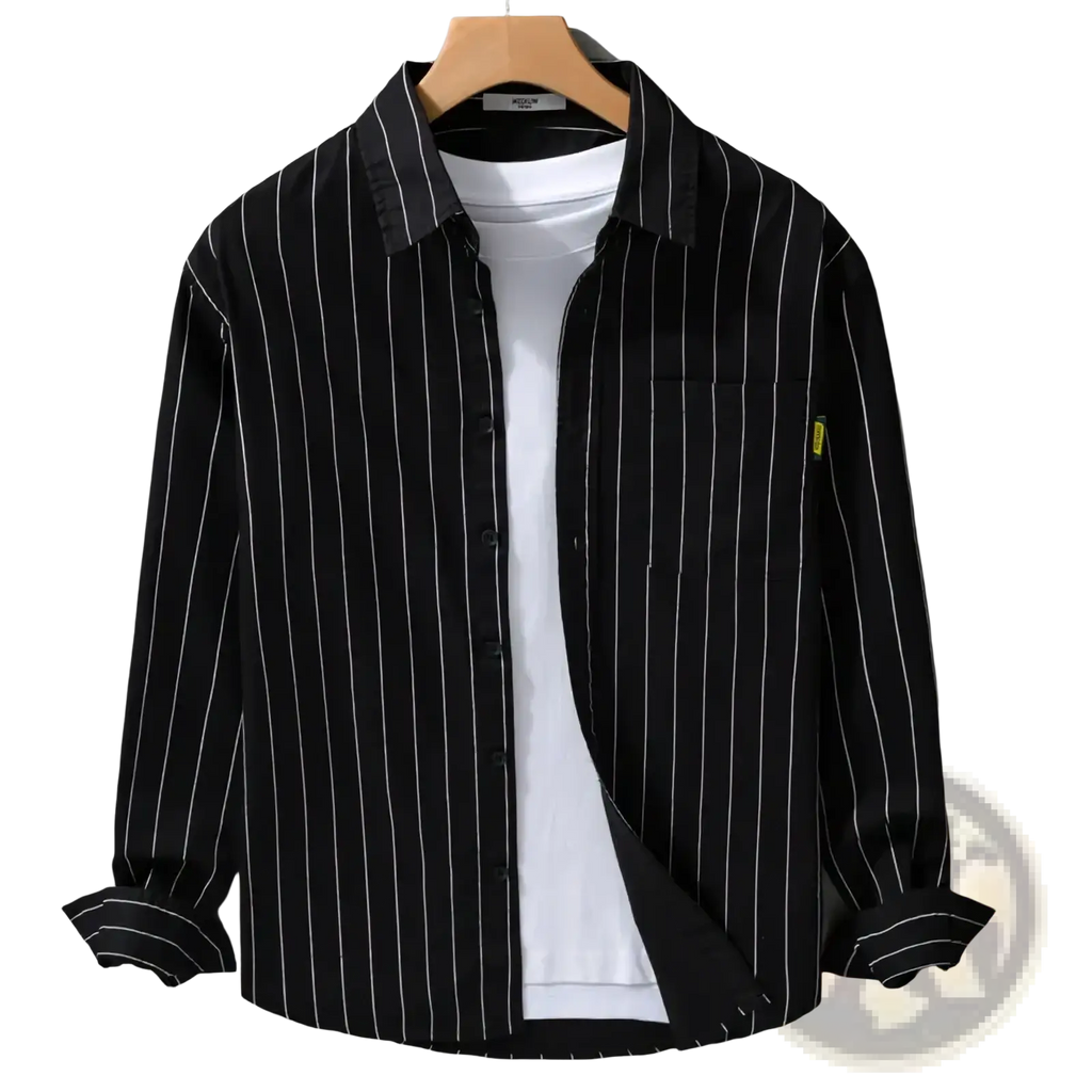 Black and white vertically striped long sleeve casual shirt with collar displayed on wooden hanger
