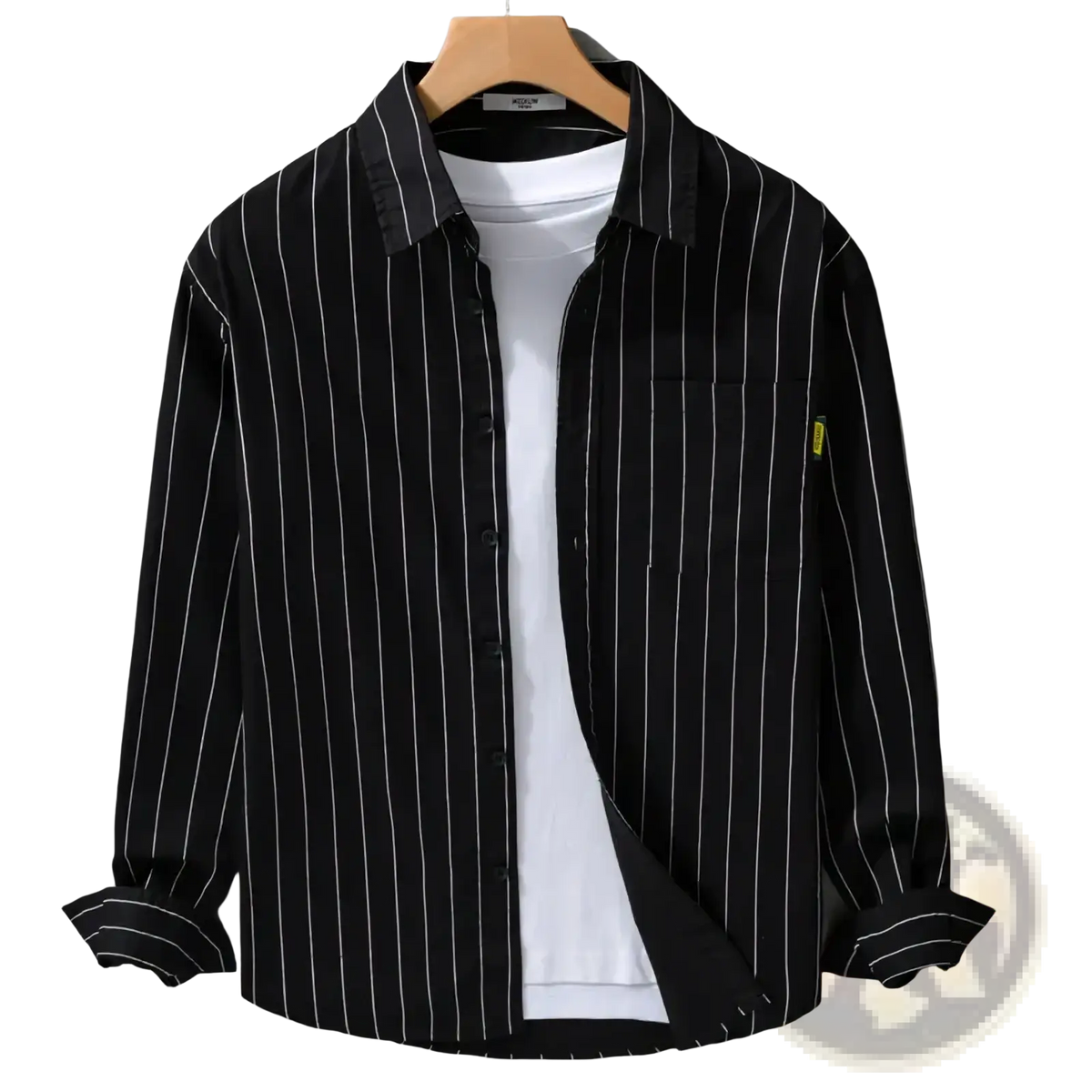 Black and white vertically striped long sleeve casual shirt with collar displayed on wooden hanger