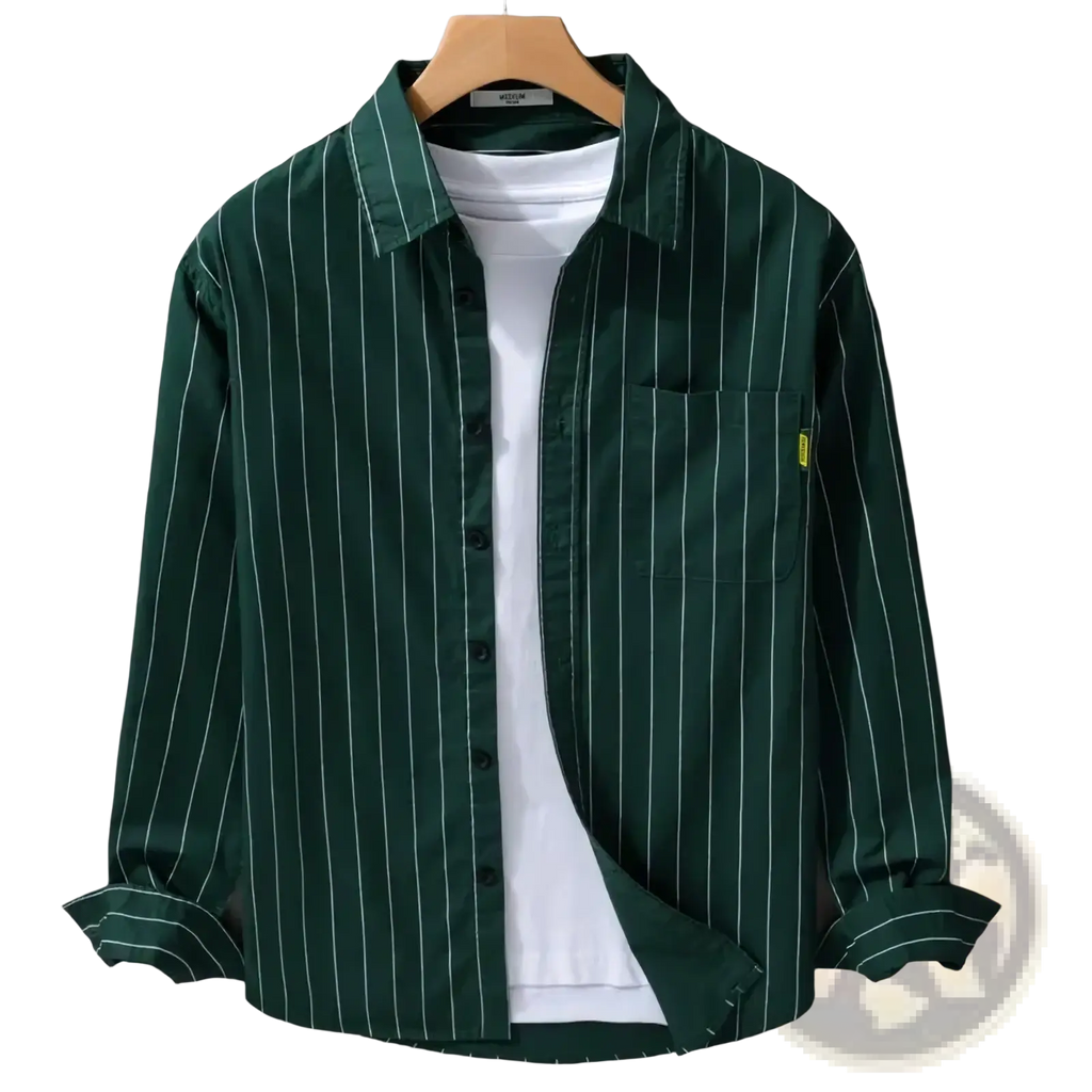 Striped men long sleeve casual shirt in dark green with thin white vertical stripes chest pocket and rolled-up sleeves