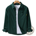Striped men long sleeve casual shirt in dark green with thin white vertical stripes chest pocket and rolled-up sleeves