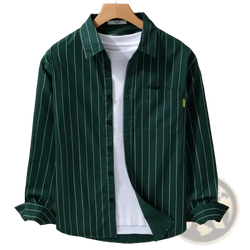 Striped men long sleeve casual shirt in dark green with thin white vertical stripes chest pocket and rolled-up sleeves