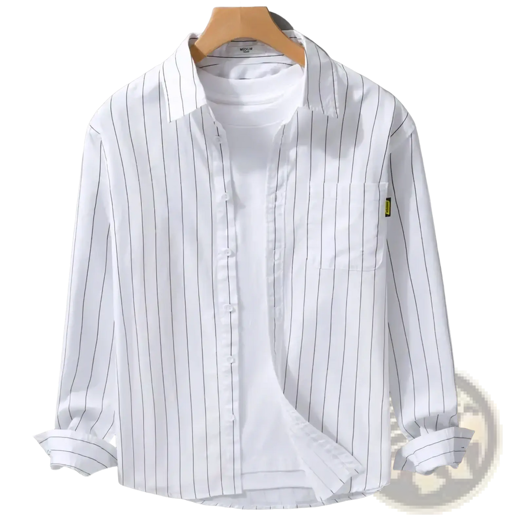 Striped men long sleeve casual shirt white with thin black vertical stripes and a subtle yellow brand tag on the chest pocket