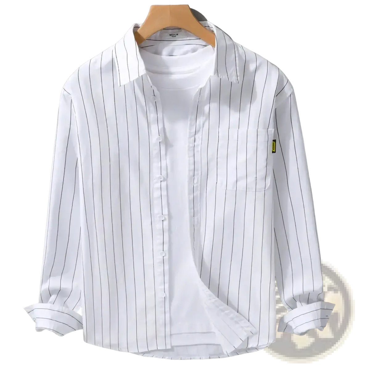 Striped men long sleeve casual shirt white with thin black vertical stripes and a subtle yellow brand tag on the chest pocket
