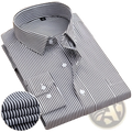 A neatly folded striped men’s long sleeve dress shirt in black and white cotton with a classic collar and button-down front
