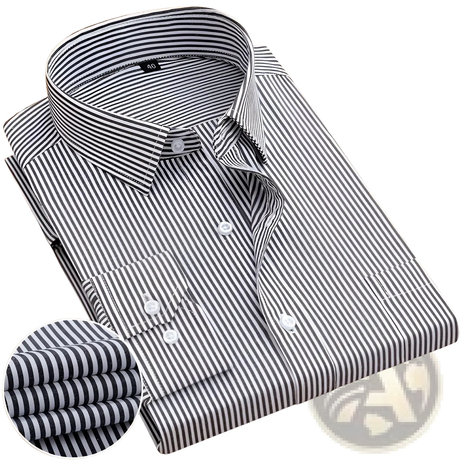 A neatly folded striped men’s long sleeve dress shirt in black and white cotton with a classic collar and button-down front