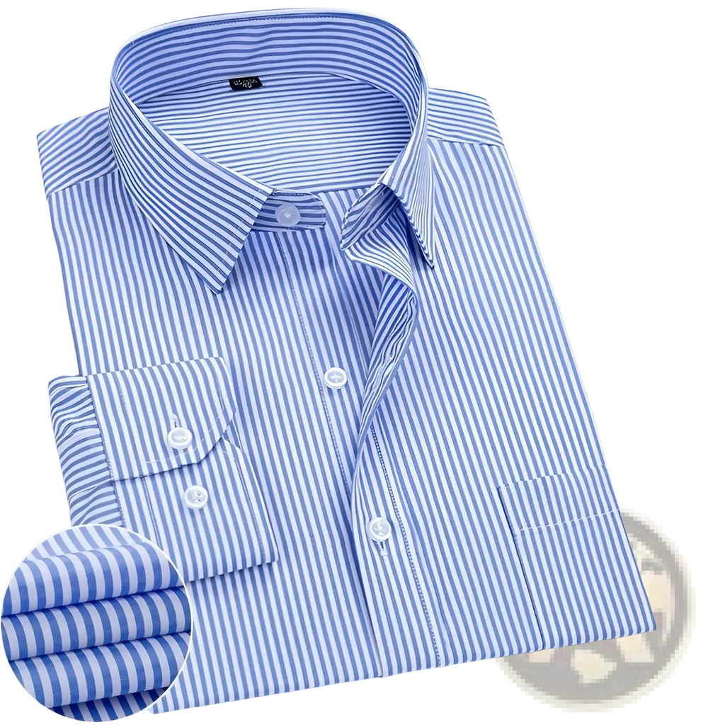 Blue and white striped men’s long sleeve cotton dress shirt with classic collar button-down front and folded cuffs