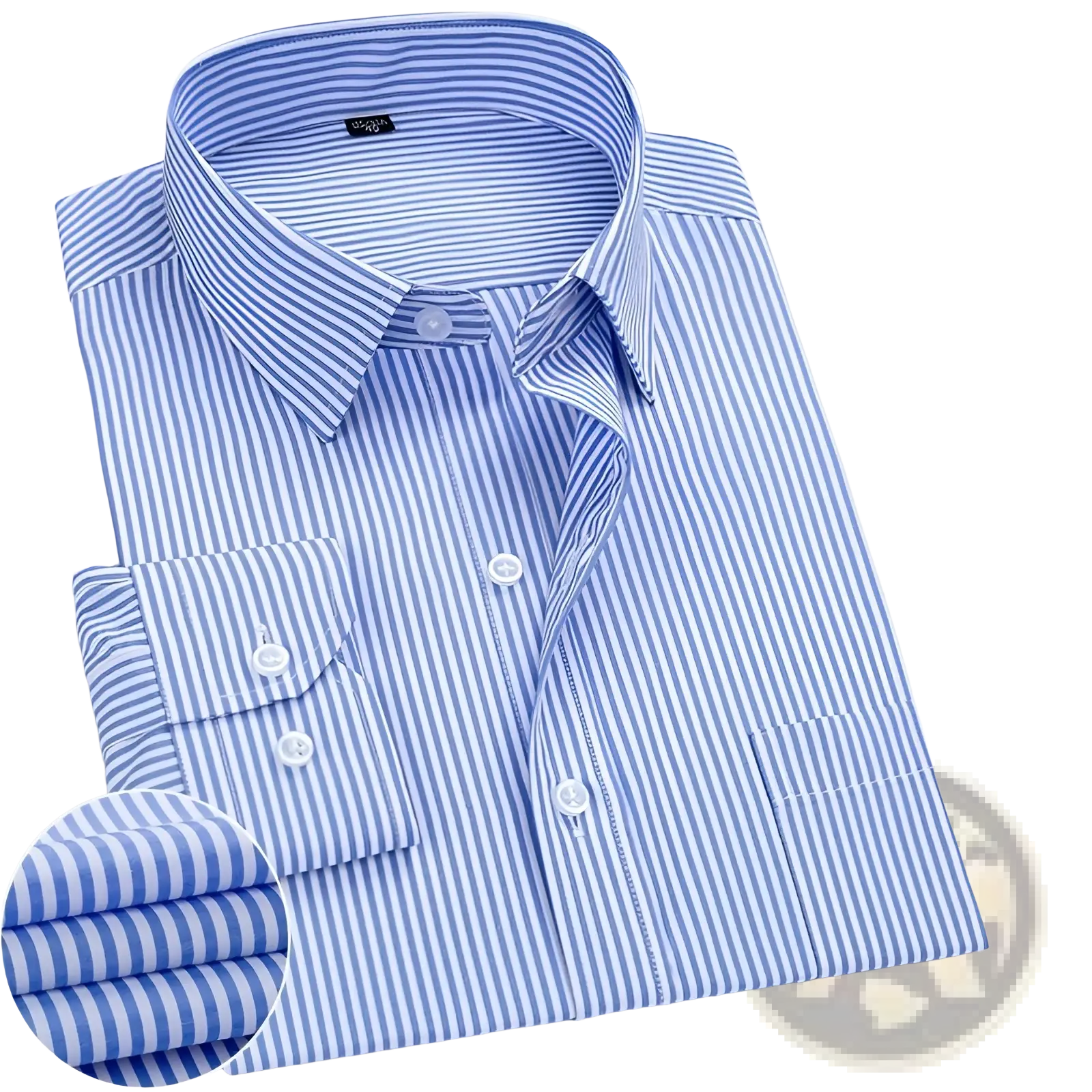 Blue and white striped men’s long sleeve cotton dress shirt with classic collar button-down front and folded cuffs