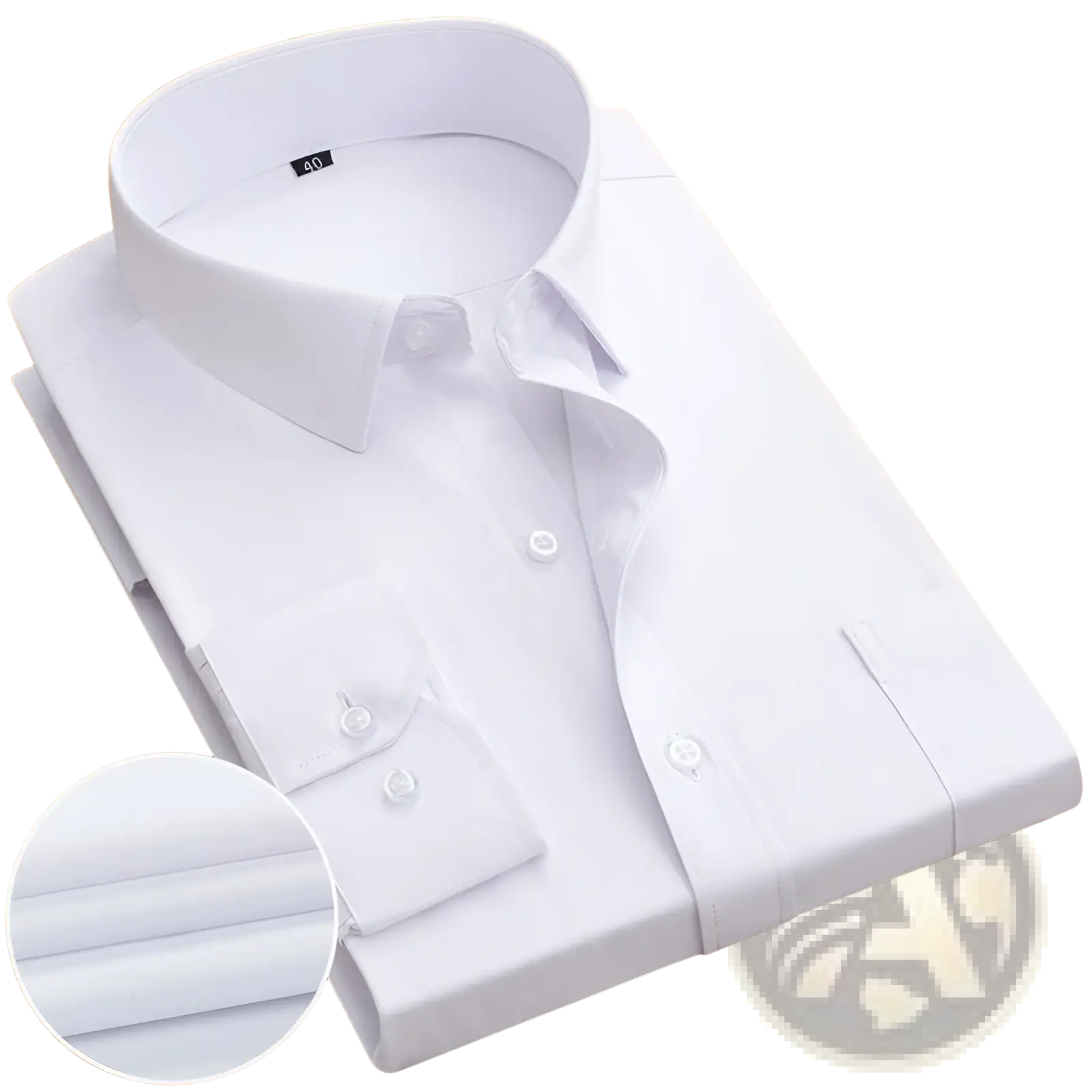 A crisp white striped men’s long sleeve cotton dress shirt with a classic collar and buttoned cuffs