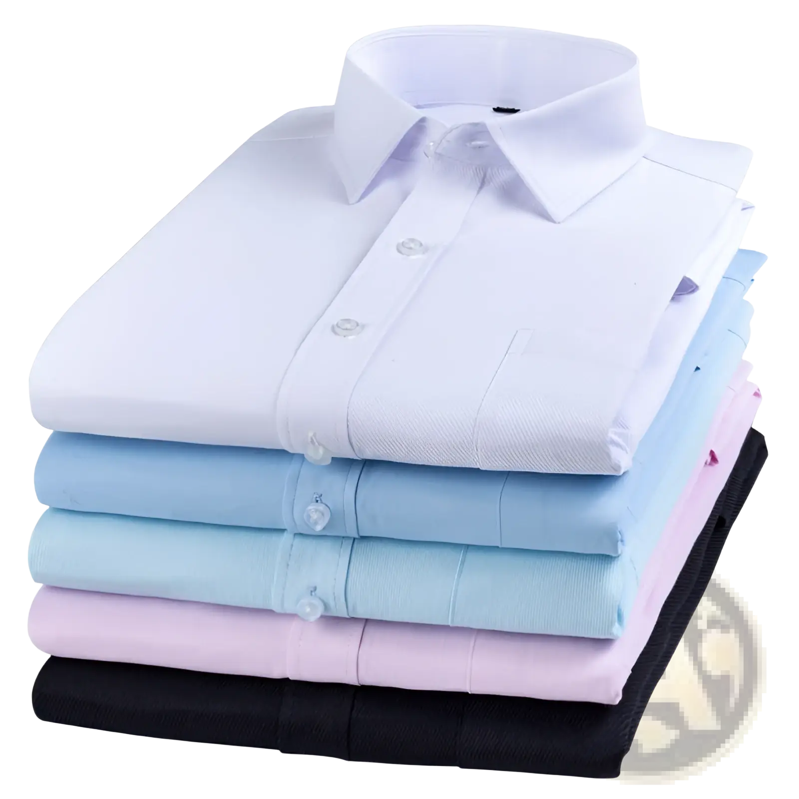 Stack of neatly folded striped men’s long sleeve cotton dress shirts in white light blue pastel pink and black colors