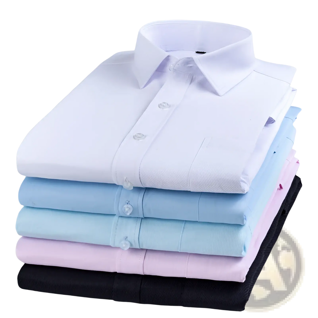 Stack of neatly folded striped men’s long sleeve dress shirts in white light blue pink and black cotton fabric