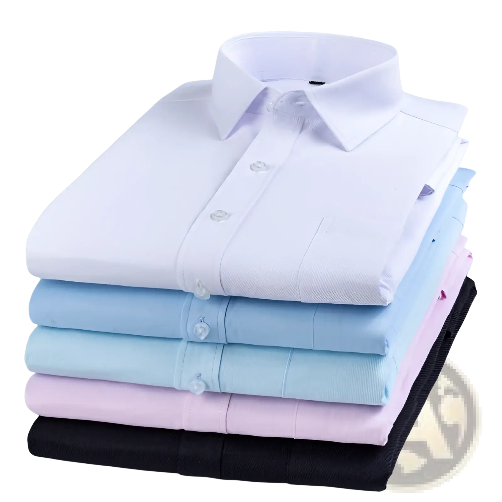 Stack of neatly folded striped men’s long sleeve dress shirts in white light blue pink and black cotton fabric